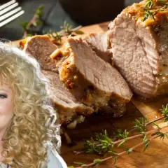Polędwiczki wieprzowe przepis Magdy Gessler. Soczyste mięso pieczone z ziołami, obok uśmiechnięta restauratorka.