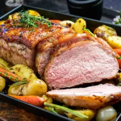 Pieczone polędwiczki wieprzowe z chrupiącą skórką, podane z pieczonymi ziemniaczkami i marchewką. Idealna okrasa na obiad.