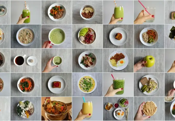 Kolaż zdjęć z inspiracjami: 50 pomysłów na obiad. Znajdziesz tu zdrowe śniadania, lunche i desery.
