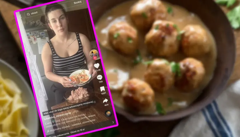 Kobieta przygotowuje klopsiki w sosie, pokazując składniki. Tanie przepisy na obiad za 10 zł.