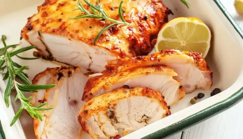 Soczysty filet z indyka, pokrojony w plastry, z ziołami i cytryną. Idealny sposób, jak upiec filet z indyka, aby nie był suchy.