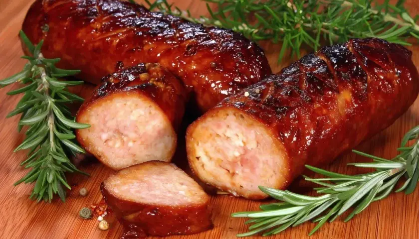 Soczysta kiełbasa z piekarnika, rumiana i aromatyczna, z gałązkami rozmarynu i ziarnami pieprzu na desce.