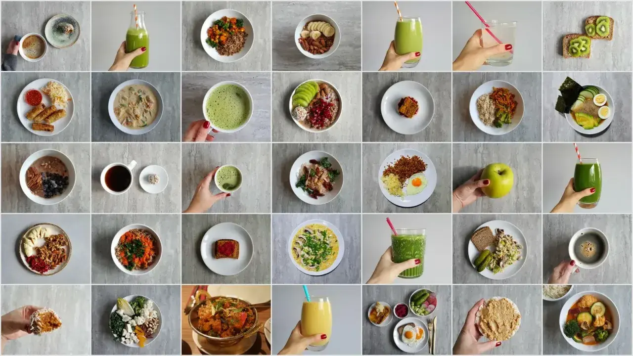 Kolaż zdjęć z inspiracjami: 50 pomysłów na obiad. Znajdziesz tu zdrowe śniadania, lunche i desery.