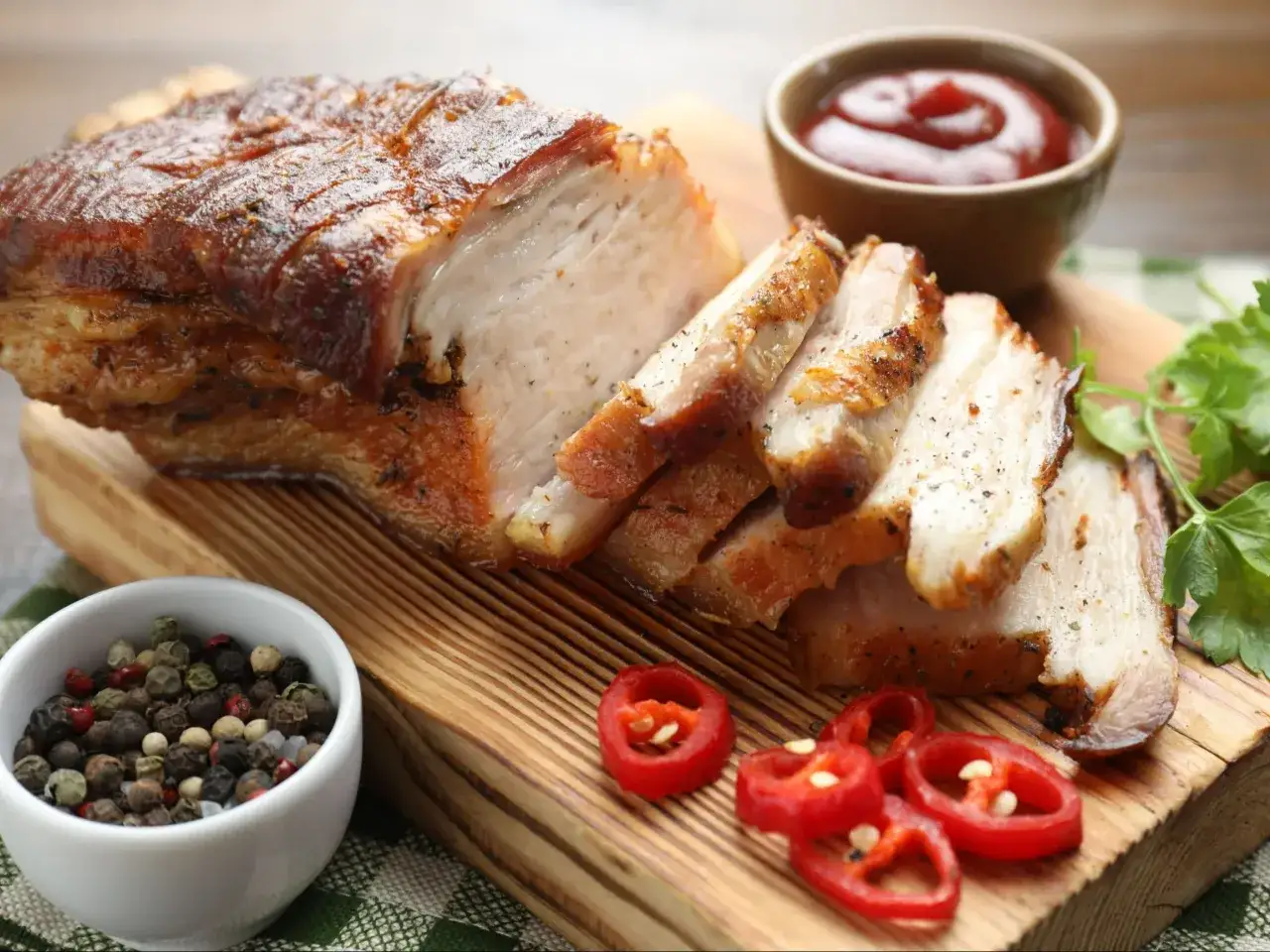 Soczysty, pieczony boczek pokrojony w plastry, podany z sosem, pieprzem i papryczkami chili. Idealny przepis na to, jak upiec boczek.